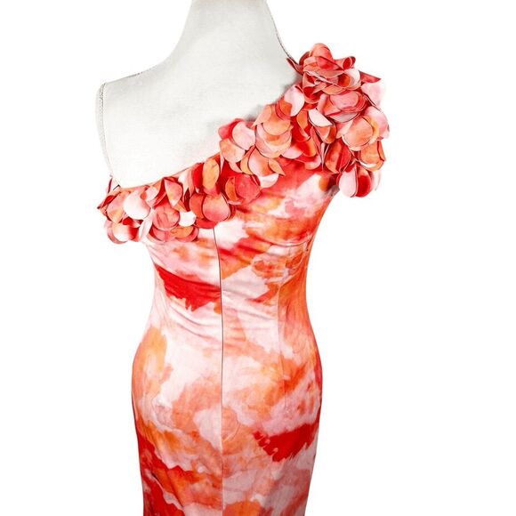 Rene Ruiz Collection One Shoulder 3D Applique Gown Fit Flare Dress Orange Size 2 - Picture 7 of 12